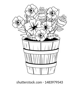 Flowers and leaves inside barrel pot vector design