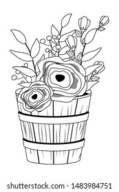 Flowers and leaves inside barrel pot vector design