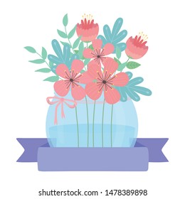 Flowers and leaves inside pot vector design