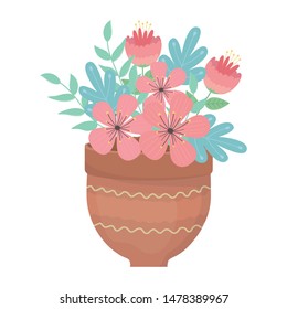 Flowers and leaves inside pot vector design