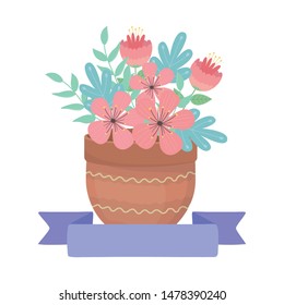 Flowers and leaves inside pot, vector design