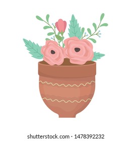 Flowers and leaves inside pot vector design