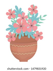 Flowers and leaves inside pot vector design
