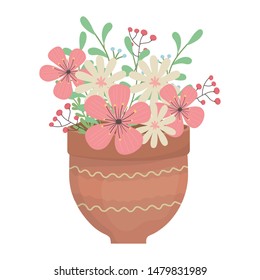 Flowers and leaves inside pot vector design