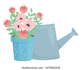 Flowers and leaves inside pot vector design