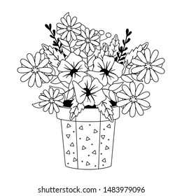 Flowers and leaves inside pot vector design