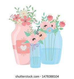 Flowers and leaves inside pots vector design