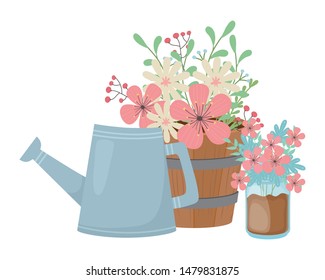 Flowers and leaves inside pots vector design