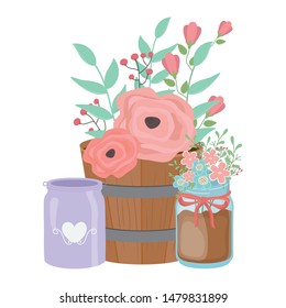 Flowers and leaves inside pots vector design