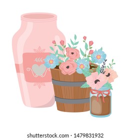 Flowers and leaves inside pots vector design