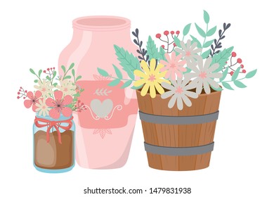 Flowers and leaves inside pots vector design