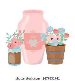 Flowers and leaves inside pots vector design