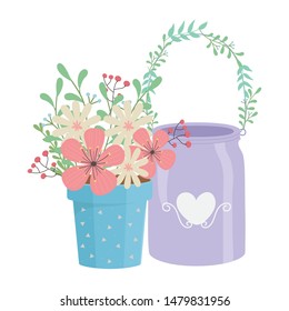 Flowers and leaves inside pots vector design
