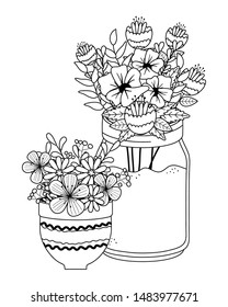 Flowers and leaves inside pots vector design