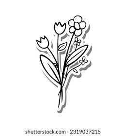 Flowers Leaves Line Art. Flower, Leaves and Pollen on white silhouette and gray shadow. Vector illustration for decoration or any design.