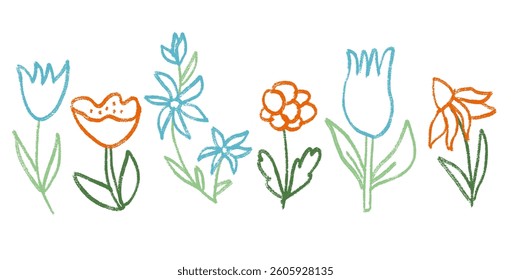 Flowers and leaves line crayon drawn set. Spring tulip, daisy, chamomile and marguerite plants doodle. Vector naive pencil illustration isolated on white background.