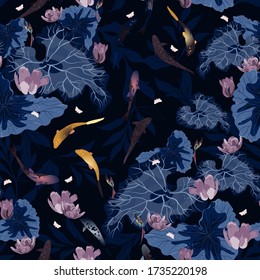 Flowers and leaves of lotuses lily, golden koi carps in night, dark blue color water. Seamless hand-drawn vector illustration with a pond. Square repeating design for fabric and wallpaper.