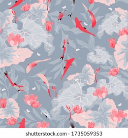 Flowers and leaves of lotuses lily, red koi carps in lilac grey, cream color water. Seamless hand-drawn vector illustration with a pond. Square repeating design for fabric and wallpaper.