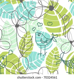 Flowers, leaves and love birds seamless pattern