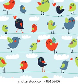 Flowers, leaves and love birds seamless pattern