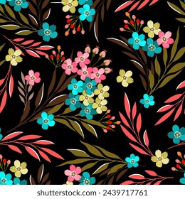 Flowers, leaves, many colors, bright colors, hand drawn, seamless, on a black background. Designed for fabric, textiles, gift wrap.