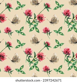 Flowers and leaves of meadow clover, butterfly. Vector illustration in watercolor style. Seamless pattern for the design of wrapping paper, textiles.