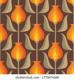 Flowers and leaves. Mid-century modern art vector background. Abstract geometric seamless pattern. Decorative ornament in retro vintage design style. Floral autumn.