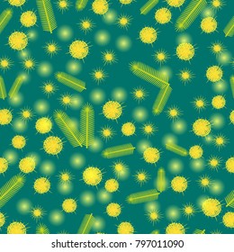 Flowers and leaves of mimosa. Seamless Pattern. Spring flowers. International Womens Day. For flyers, banners, invitations. Green Background