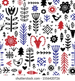 Flowers and Leaves in nordic style handdrawn seamless pattern. Abstract Hand drawn vintage cartoon flowers on white background. Textile, wallpaper, wrapping paper design idea