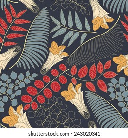 flowers and leaves on a dark background in seamless pattern