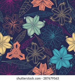 flowers and leaves on a dark background in seamless pattern