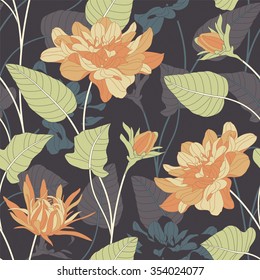 flowers and leaves on a dark background in seamless pattern
