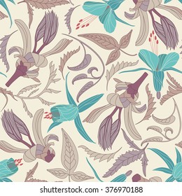flowers and leaves on a light beige background in seamless pattern