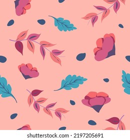Flowers and leaves on stems, branches and twigs. Blooming plants, blossom of botany in spring or summer season. Seamless pattern or background, wallpaper or textile fabric. Vector in flat style