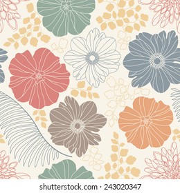 flowers and leaves on a white background in seamless pattern