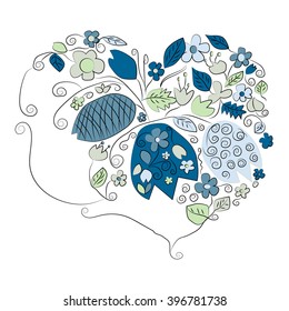 Flowers and leaves on white background,vector flowers and leaves, heart with hand drawn spring flower pattern for poster, postcard