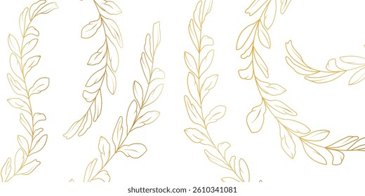 Flowers and leaves on white isolated background. Pattern with golden gradient. Vector. Shiny metal. Hand drawn. Botanical silhouette. Decorations for wedding invitations. Tattoo wreaths.