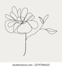 Flowers and leaves in one line style, vector illustration. Single Line Art Botanical Poster with Beige Background. For home decor, logo, wall art posters and design elements.	