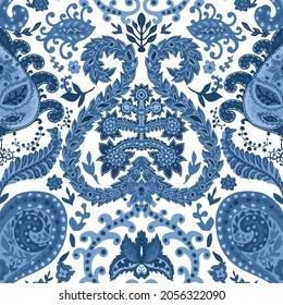 Flowers and leaves ornaments, isolated floral design, exotic and eastern motif.. Texture for fabric and textile background and print. Wallpaper classic. Seamless pattern, vector in flat style