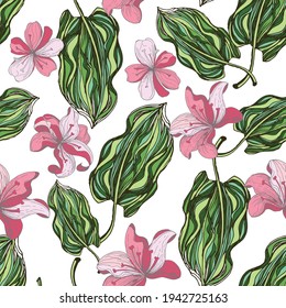 Flowers and leaves of palm tropical plants tall green trees. Vector seamless pattern. 