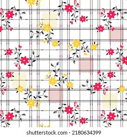 Flowers with leaves pattern on diagonal plaid