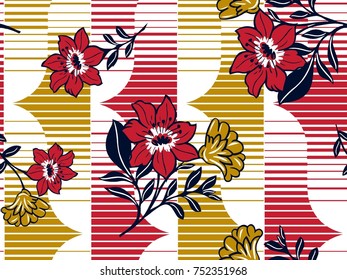 Flowers with leaves pattern on wavy decorative striped background for textile print,fabric design