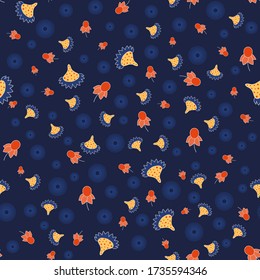 Flowers, leaves, pods with circles and dots, yellow, red, orange, blue color on dark blue background  cartoon style, hand drawn ,kids textile wrapping paper