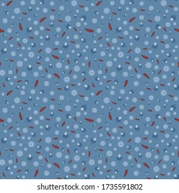 Flowers, leaves, pods with circles, red, blue, white color on indigo background in cartoon style, hand drawn, kids textile wrapping paper
