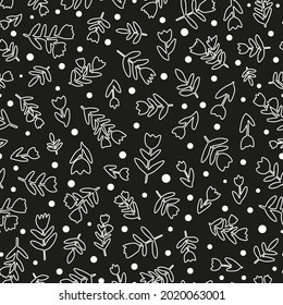 Flowers with leaves and polka dots outline seamless repeat pattern. Vector, doodled botany elements all over surface print on white background. Perfect as wallpaper, surface, textile print and more.