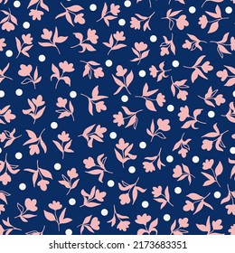 Flowers with leaves and polka dots seamless repeat pattern. Random placed, vector botanical wild flowers all over surface print on dark blue background.