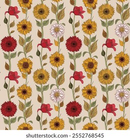 Flowers with Leaves Prints in Pattern Vector Repeat Abstract Designs for Digital Textile Art, Wallpaper, and Wrapping.