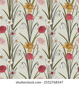 Flowers with Leaves Prints in Pattern Vector Repeat Abstract Designs for Digital Textile Art, Wallpaper, and Wrapping.