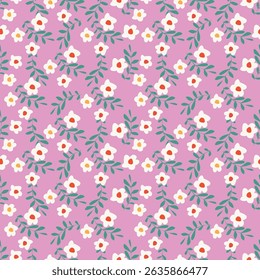 Flowers and leaves of purple and blue flowers on a white background with an old vintage texture. Seamless vector cute surfaces