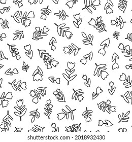 Flowers with leaves random placed outline seamless repeat pattern. Vector, doodled botany elements all over surface print on white background. Perfect as wallpaper, surface, textile print and more.